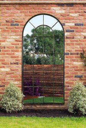 MirrorOutlet Antique Black Framed Arched Window Garden Mirror 71x33.5 180x85CM | Size: 1 Pack