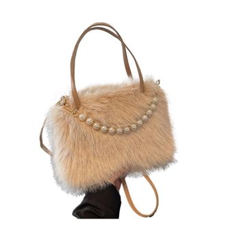 Generic Womens Plush Bags Pearl Handle Womens Plush Crossbody Bag Portable Handbag Winter Fashion Casual Shoulder(Khaki)