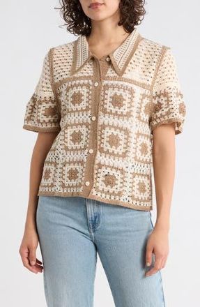 Forgotten Grace Open Knit Square Short Sleeve Cardigan in Natural/Mocha at Nordstrom Rack, Size X-Large