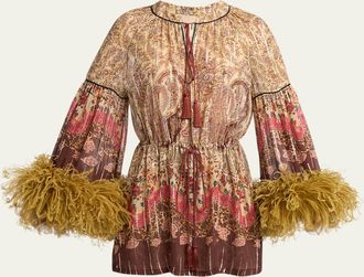 Valentino Garavani Flare-Sleeve Metallic Paisley Silk Top With Feather Trim