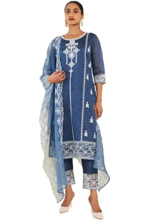 Soch Women Blue Chanderi Floral Suit Set, Blue, 40