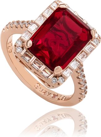Suzy Levian Rose Sterling Silver Large Emerald-Cut Red Cubic Zirconia and Baguette White Cubic Zirconia Halo Ring