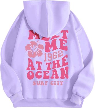 Generic Sweatshirts for Women Puff Hoodie Letter Print Casual Graphic Hoodies Drawstring Pullover