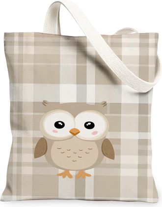 Generic Owl Print Canvas Tote Bags, Cute Animal Pattern Reusable Grocery Bags, Autumn Rustic Lightweight Washable Shoulder Strap Ca, Beige, 13x15 Inch