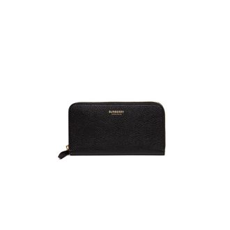 Burberry Lange portemonnee met rits van generfd leer en logo - Dames - Accessoires - Zwart - Maat: ONE Size Leer