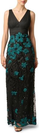 Aidan Mattox Floral Embroidered Sleeveless Gown in Black/emerald at Nordstrom, Size 10