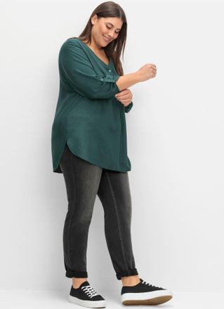 Sheego Longbluse SHEEGO, Damen, Gr. 40, blau (petrol), 100% Viskose, unifarben, V-Ausschnitt, Blusen Longbluse