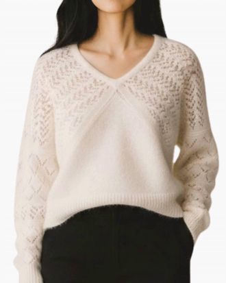 Autumn Cashmere Fancy Pointelle Stitchery Dolman V Neck Sweater In Ivory