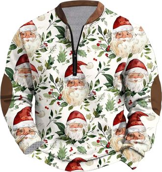 Generic Christmas Jumpers for Men 1/4 Zip Ugly Christmas Sweatshirt Pullover Mens Long Sleeve Crew Neck Funny Printed Xmas Jumper Warm Cosy Xmas Sweatshirts T