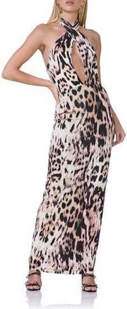 AFRM Genie Leopard Print Halter Neck Jersey Knit Dress in Warm Leopard at Nordstrom Rack, Size Xx-Large