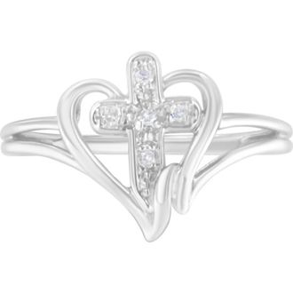House of Brilliance 10K White Gold Diamond Accent Cross & Open Heart Promise Fashion Ring at Nordstrom, Size 6.5
