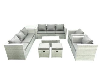 Fimous Outdoor Rattan Sofa Garden Furniture Set with 2 Armchairs Oblong Coffee Table 2 Small Footstools Side Table Light Grey Mixed