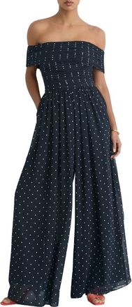 Reiss Margo Polka-Dot Bardot Wide-Leg Jumpsuit in Navy/Ivory at Nordstrom, Size 10 Us