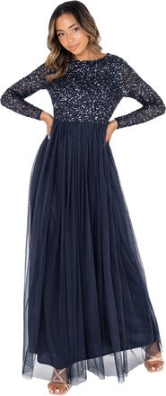 Maya Womens Maya Deluxe Womens Maya Embellished Long Sleeve Maxi Bridesmaid Dress, Navy, 14 UK