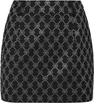 Philipp Plein Wool Mini Skirt Strass Monogram - Dames - Korte rokken - Zwart - L - Wol - Rokken