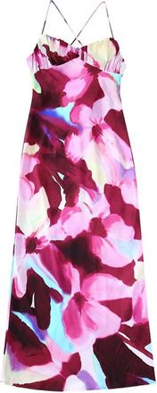 Generic Women Tie-Dye Print Dress V-Neck Backless Sleeveless Spaghetti Strap Long Midi Dresses Purple L