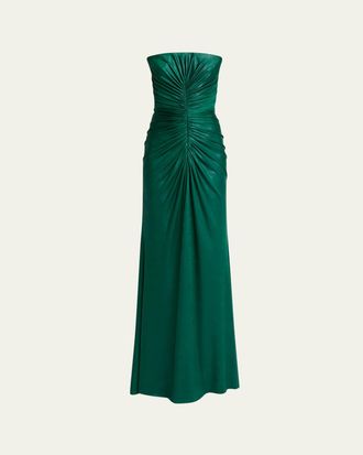 Elie Saab Strapless Ruched Coated Jersey Gown