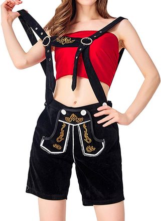 Generic Leather Trousers Womens Traditional Costume Trousers Short Traditional Leather Trousers for Women Black Brown with Straps Bavarian Short Traditional L