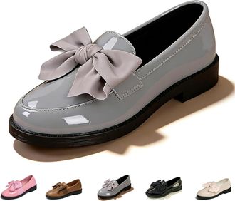 Generic 2026 New Womens Cute Bowknot Design Loafers, Patent Leather Slip On Flat Shoes with Low Square Heel for Women (Gray,4.5)