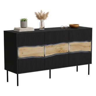 Dmora Aparador Saliceto, Aparador De Sal&oacute;n Con Tres Puertas Batientes Y Compartimentos Interiores, Elevado Del Suelo, 144x40 H80 Cm, Negro Y Nudos De Roble