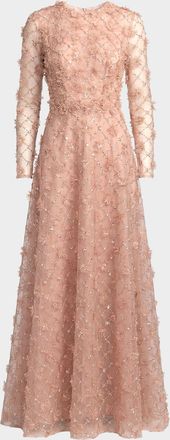 Mac Duggal Beaded Tulle Long-Sleeve A-Line Gown