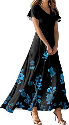 Generic Summer Dresses for Women UK Classic Comfy Boho Floral Print V Neck Ladies Maxi Dress Beach Swing Long Dresses Slim Fit A Line Wrap Flowy Dress with Po