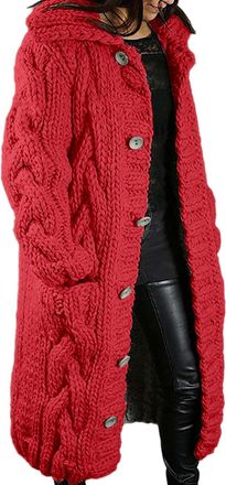 Generic Long Cardigans for Women UK Open Front Cable Knit Cardigan Hoodie Button Down Oversized Sweaters Coat Outwear Knee Length Solid Color Chunky Sweaters 