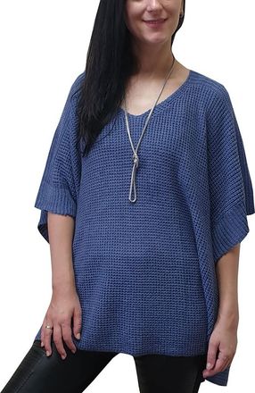 Mimosa Ladies One Size Knitted Warm Oversized V-Neck Poncho Cape with Side Buttons (One Size, Denim)