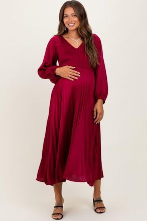 Pinkblush Satin Smocked Pleated Midi Dress in Burgundy at Nordstrom, Size Medium