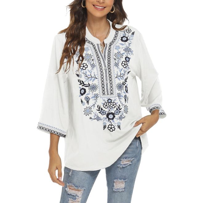 Free hot People Brown Long Sleeves Boho Peasant Embroidered high low top