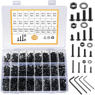 OEM Surtido De 1225 Tornillos De Acero Al Carbono Con Cabeza Hexagonal, Cabeza Abocinada Y Tuercas (negro) -crezuo