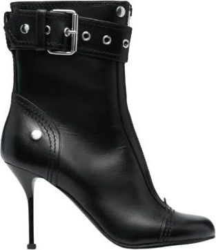 Alexander McQueen Black Buckle Heeled Ankle Boots Size 39.5