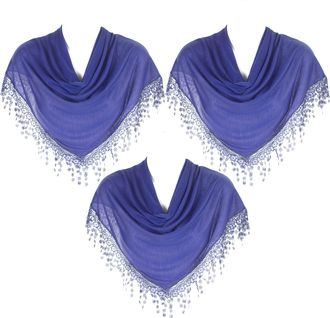 Hat To Socks Triangle Scarf with Bobbin Lace Fringes for Women Pack of 3 (Blue)