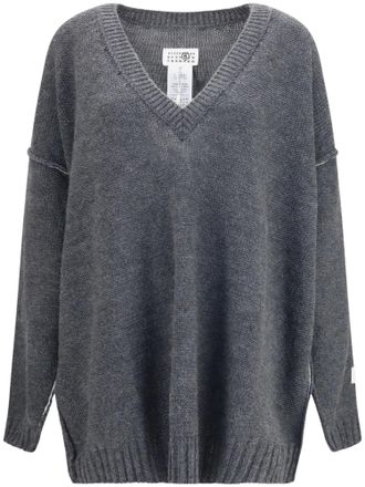 Maison Margiela Textured Grey V-Neck Sweater with Relaxed Fit