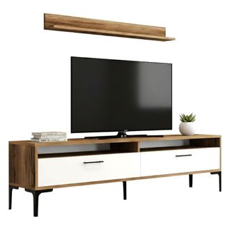 Dmora Dmora - Pared Equipada Edasich, Composici&oacute;n De La Sala De Estar, Muebles De Sal&oacute;n Multiusos, Gabinete De Tv, 180x35h47 Cm, Nogal Y Blanco, Con Embalaj