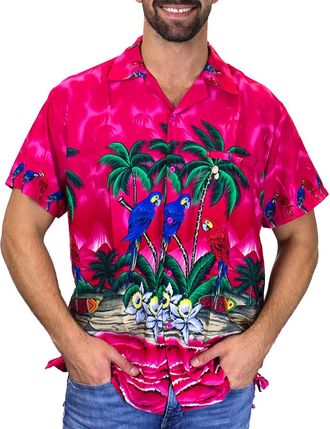V.H.O. Funky Hawaiian Shirt, Shortsleeve, Parrot, Pink, L