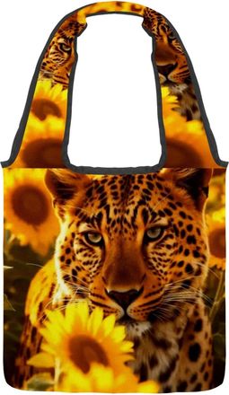 Generic Sunflower Leopard Reversible Canvas Shoulder Tote - Double-Sided Print, 12oz Cotton, 27cm Drop, Fold-Flat Bag for Travel, Shopping, Street Outings