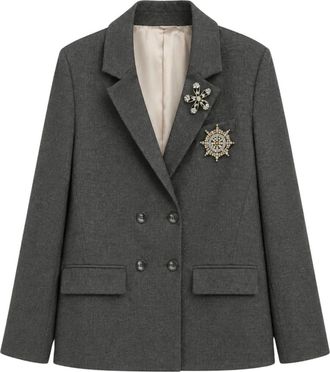 Tensione In Tensione IN, Jassen, Dames, Grijs, M, Leer, Dubbelrijige blazer met juwelenspelden