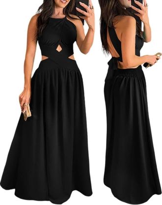 Generic Womens Sleeveless Halter Neck Dress Criss Cross Tie Back Split High Maxi Dress (L,Black)