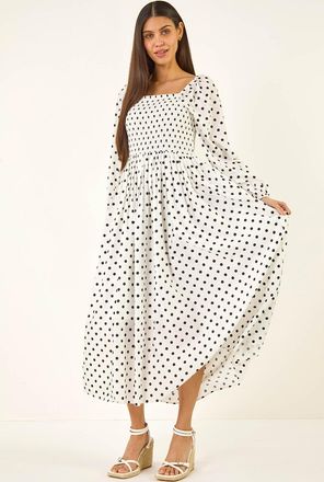 Roman Polka Dot Shirred Midi Dress