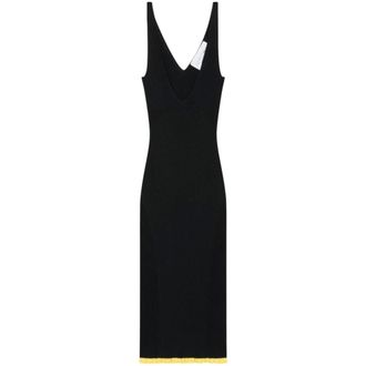 AZ FACTORY AZ Factory, Kleedjes, Dames, Zwart, M, V-neck Ribgebreide Midi Jurk