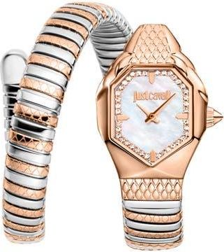 Just Cavalli Snake Wraparound Bracelet Watch, 22mm x 34.5mm in Two Tone Silver/Rose Gold at Nordstrom Rack