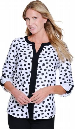 Multiples Band Collar Popover Top In Black White
