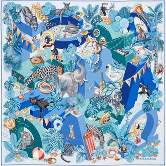 Ferragamo Women Jungle Party print silk foulard Blue