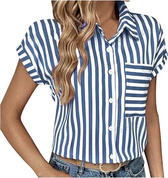 Generic Womens Blouses Dressy Button-Down Shirts Tops Summer V-Neck Short Sleeve Striped Print Shirt Business Casual Outfits 2025 New Blouses for Women UK Top