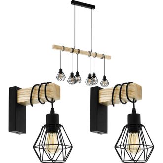 Loops Multi Bulb Ceiling Pendant Light & 2x Matching Wall Lights Black Cage & Wood