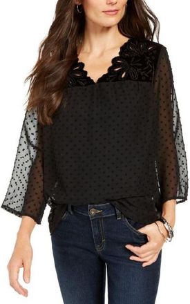Style & Co. Style & Co Womens Mixed-Media Sheer-Sleeve Blouse Black Size Medium