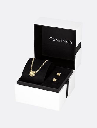 Calvin Klein Mens Crystal Accent Necklace and Earrings Gift Set - Metallic