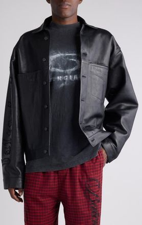 Balenciaga Logo Leather Shirt Jacket in 1000 Black at Nordstrom, Size Medium