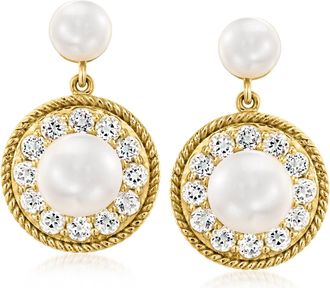 Ross-Simons 5.5-8.5mm Cultured Pearl Circle Drop Earrings With White Topaz in 18kt Gold Over Sterling